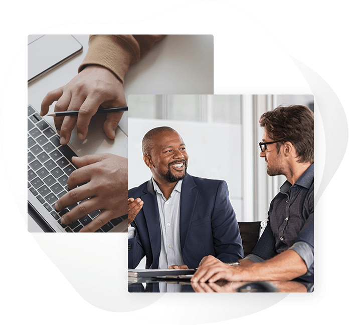 A collage of two men sitting at a table with laptops.