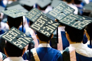 Here's an alt tag for the image: Graduates' caps displaying student loan debt.